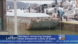 Crews Begin Removing Breakaway Barges From Emsworth Locks amp Dam [upl. by Notsle]