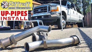 2001 F350 73  RiffRaff UpPipes Install  Stock up pipes leaking and falling apart JUNK SP [upl. by Lanor]