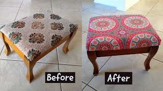 How to reupholster a simple footstool  Foot Stool Makeover [upl. by Fredela]